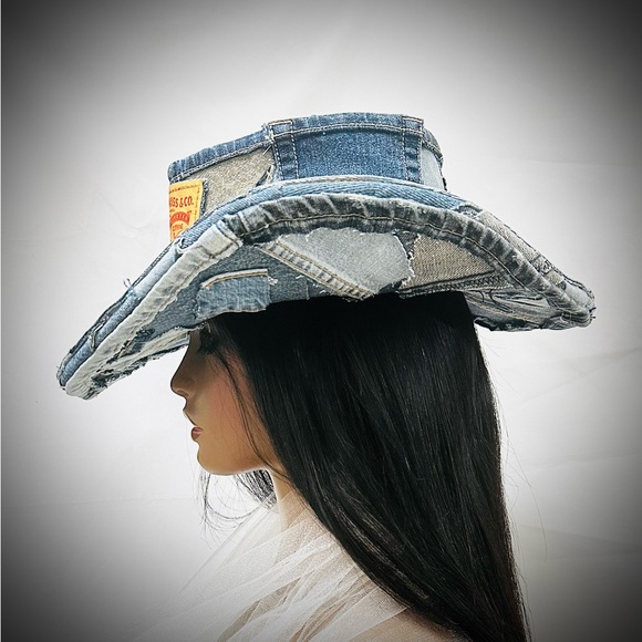 Levi’s Denim Cowboy Hat | Unisex Western Patchwork | Optional Rhinestone Stars - Picture 3 of 8